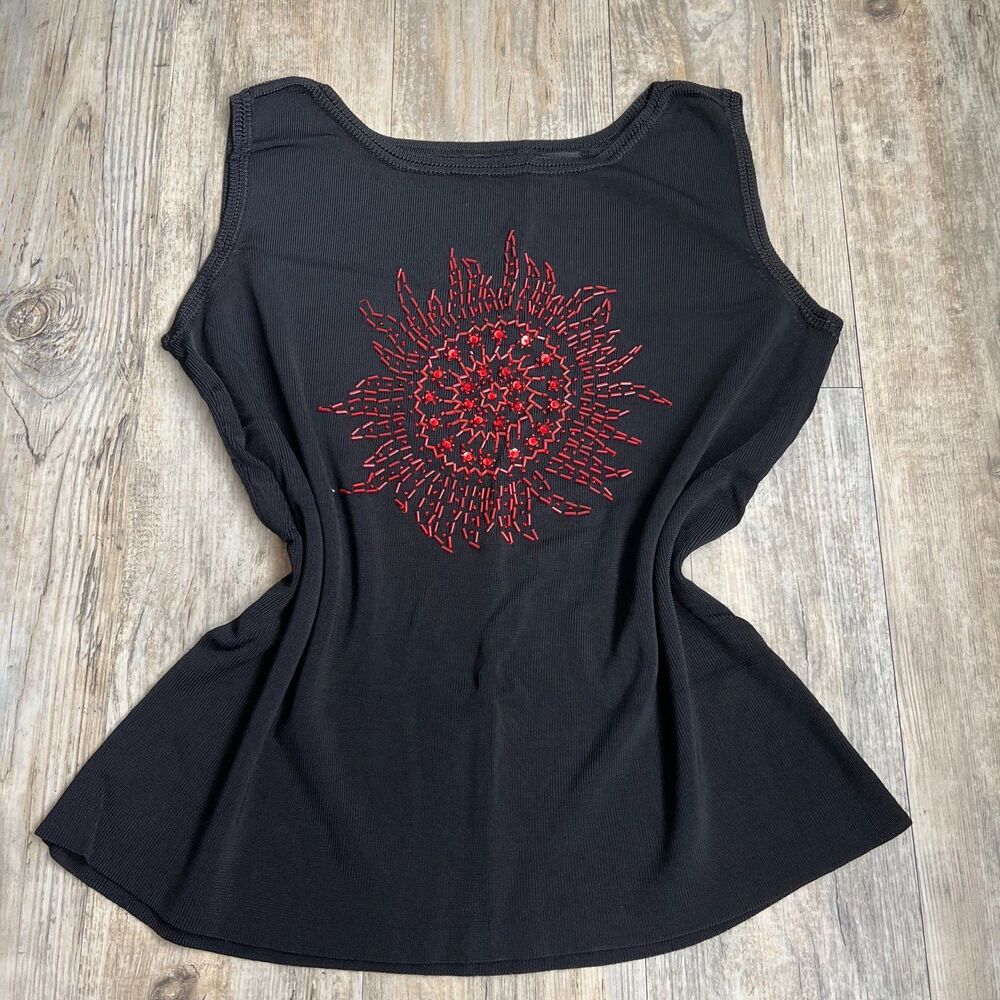 Crossing Pointe Knit Tank Top Beaded Embroidery L Black Red SunBoho Festival Y2K